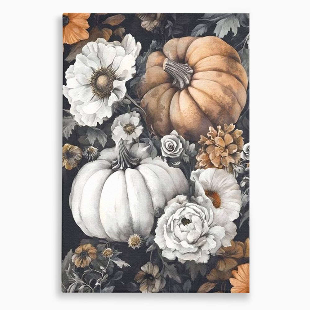 Tablou canvas cu ilustratie cu dovleci si flori de toamna, fara rama, pe sasiu de lemn